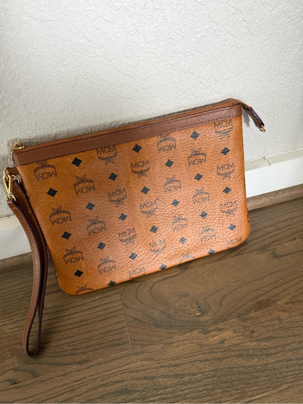 MCM Cognac Logo Print Leather Wristlet Pouch